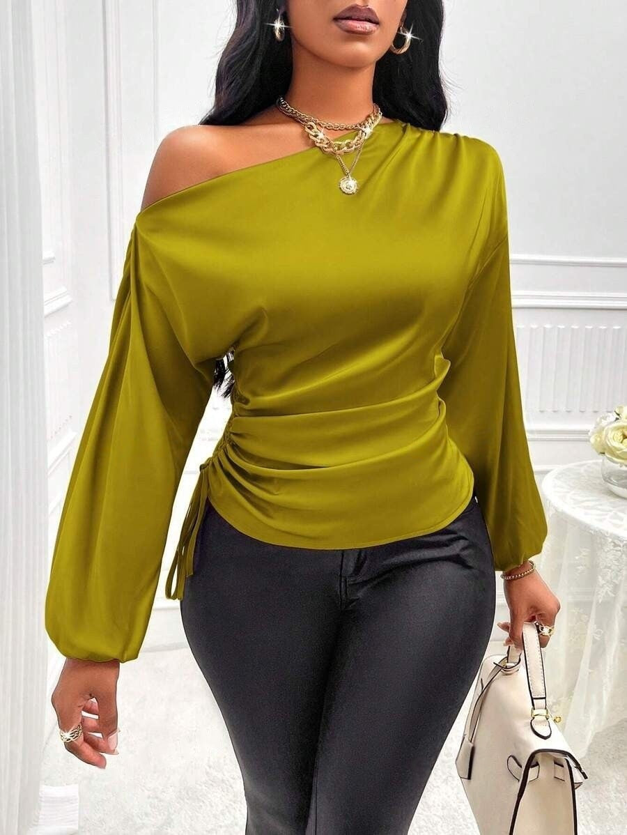 Women Satin Asymmetric Long Sleeve Diagonal Collar Autumn Winter Shirt Top