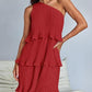 Spring Summer Women Clothing Oblique Shoulder Layered Stitching Hem Solid Color Dress Women