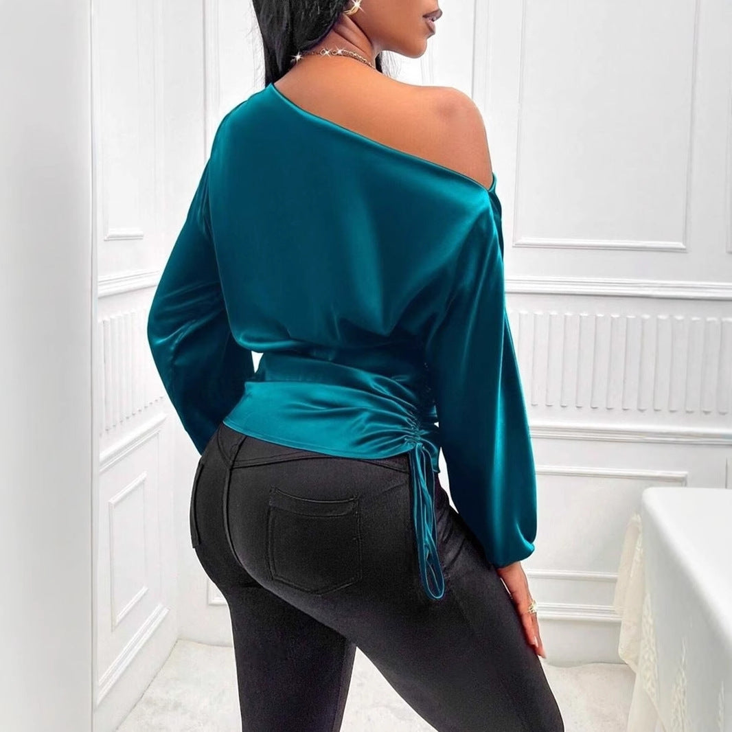 Women Satin Asymmetric Long Sleeve Diagonal Collar Autumn Winter Shirt Top
