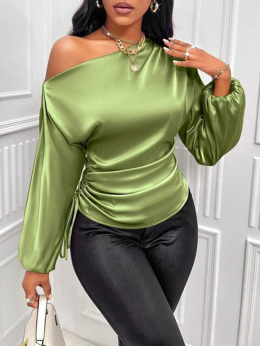 Women Satin Asymmetric Long Sleeve Diagonal Collar Autumn Winter Shirt Top