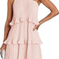 Spring Summer Women Clothing Oblique Shoulder Layered Stitching Hem Solid Color Dress Women