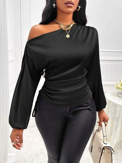 Women Satin Asymmetric Long Sleeve Diagonal Collar Autumn Winter Shirt Top