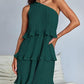 Spring Summer Women Clothing Oblique Shoulder Layered Stitching Hem Solid Color Dress Women