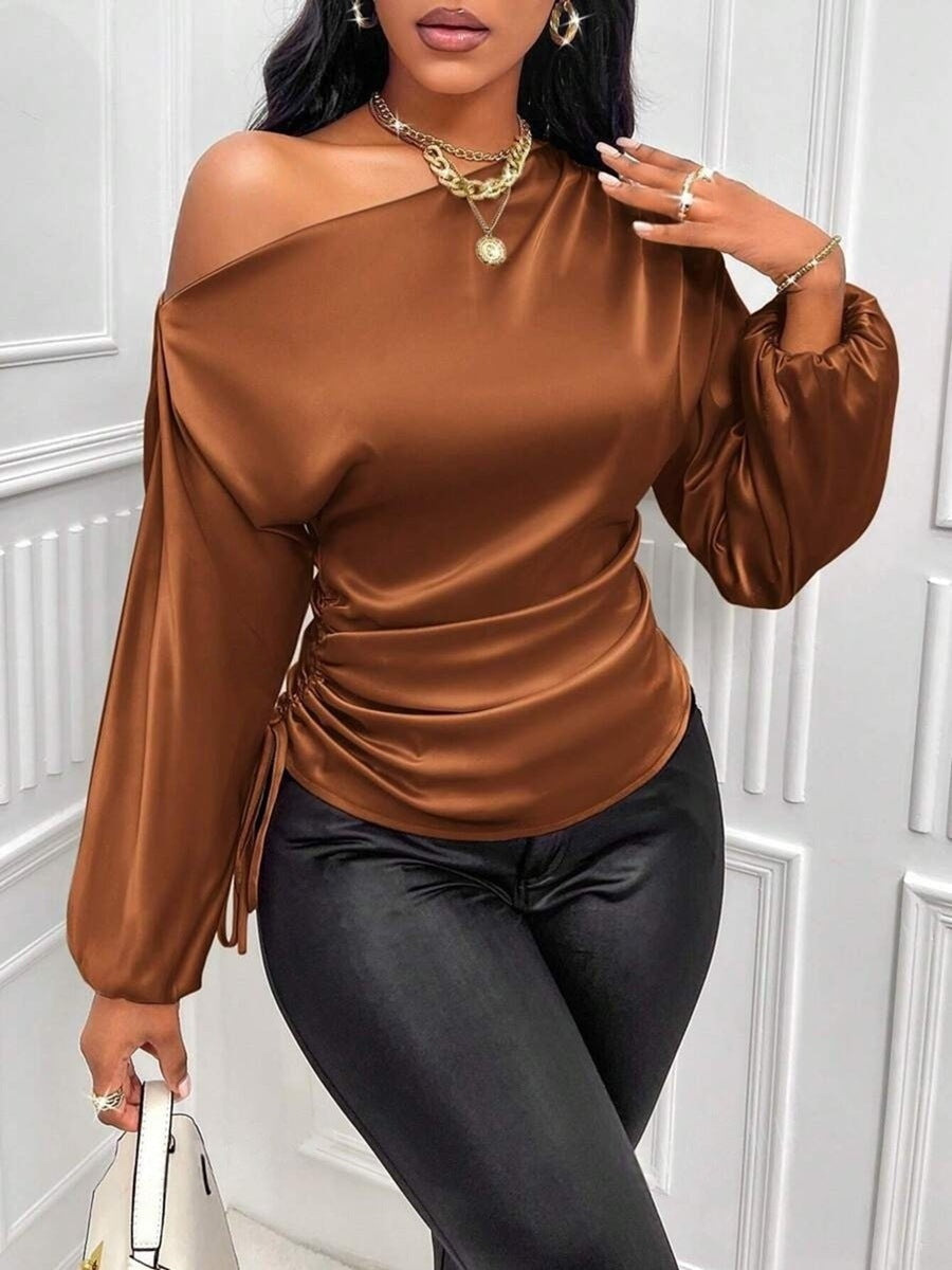 Women Satin Asymmetric Long Sleeve Diagonal Collar Autumn Winter Shirt Top
