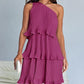Spring Summer Women Clothing Oblique Shoulder Layered Stitching Hem Solid Color Dress Women
