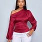 Women Satin Asymmetric Long Sleeve Diagonal Collar Autumn Winter Shirt Top