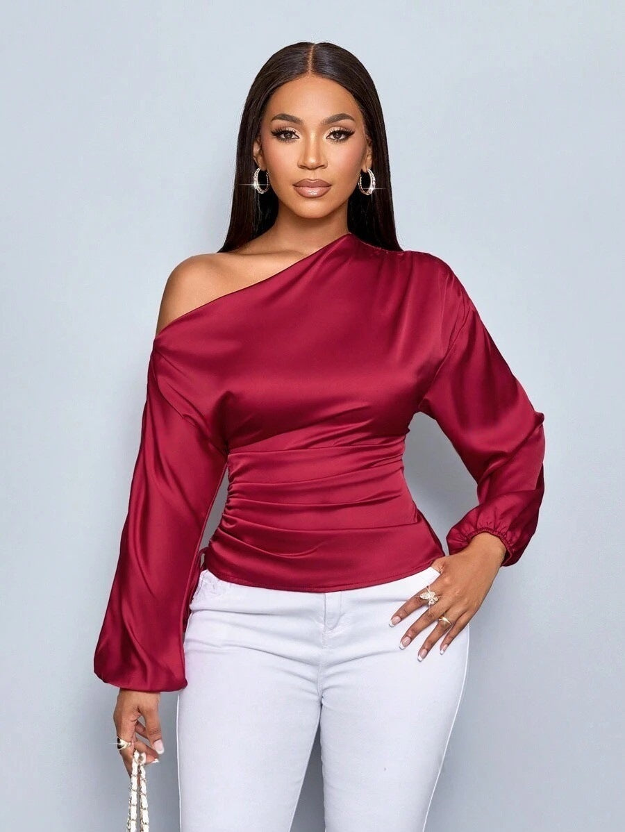 Women Satin Asymmetric Long Sleeve Diagonal Collar Autumn Winter Shirt Top