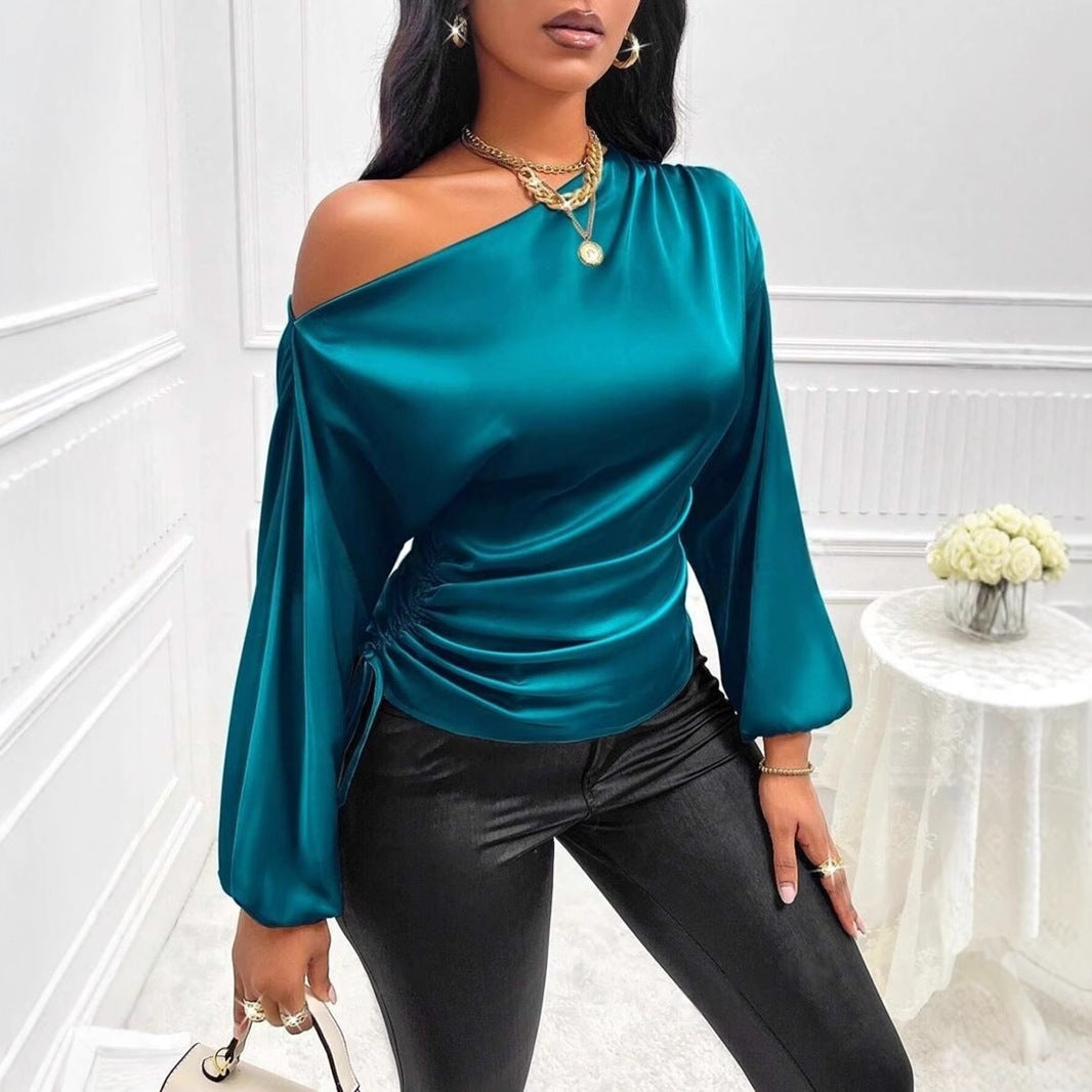 Women Satin Asymmetric Long Sleeve Diagonal Collar Autumn Winter Shirt Top