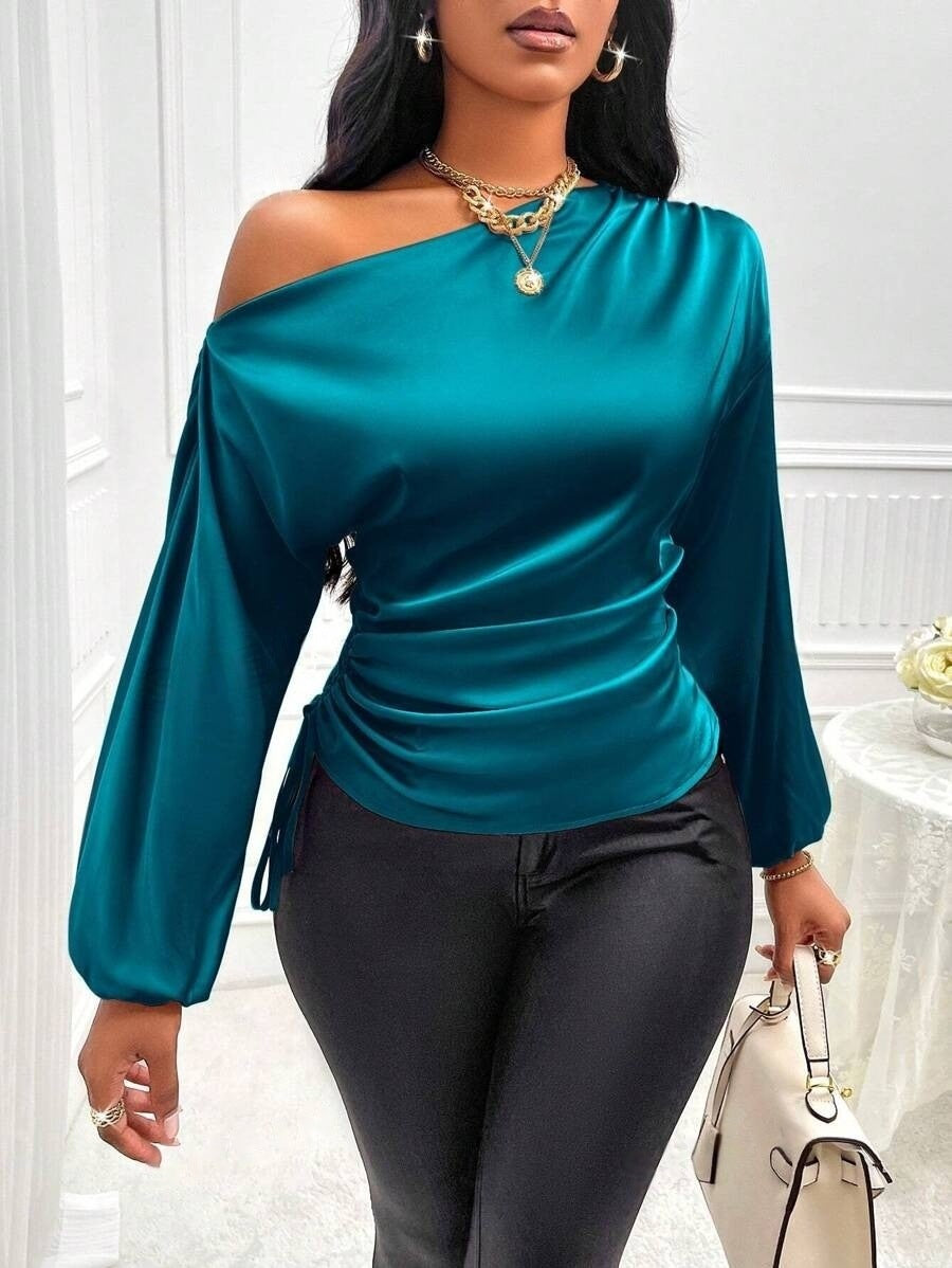 Women Satin Asymmetric Long Sleeve Diagonal Collar Autumn Winter Shirt Top