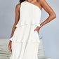 Spring Summer Women Clothing Oblique Shoulder Layered Stitching Hem Solid Color Dress Women
