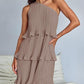 Spring Summer Women Clothing Oblique Shoulder Layered Stitching Hem Solid Color Dress Women