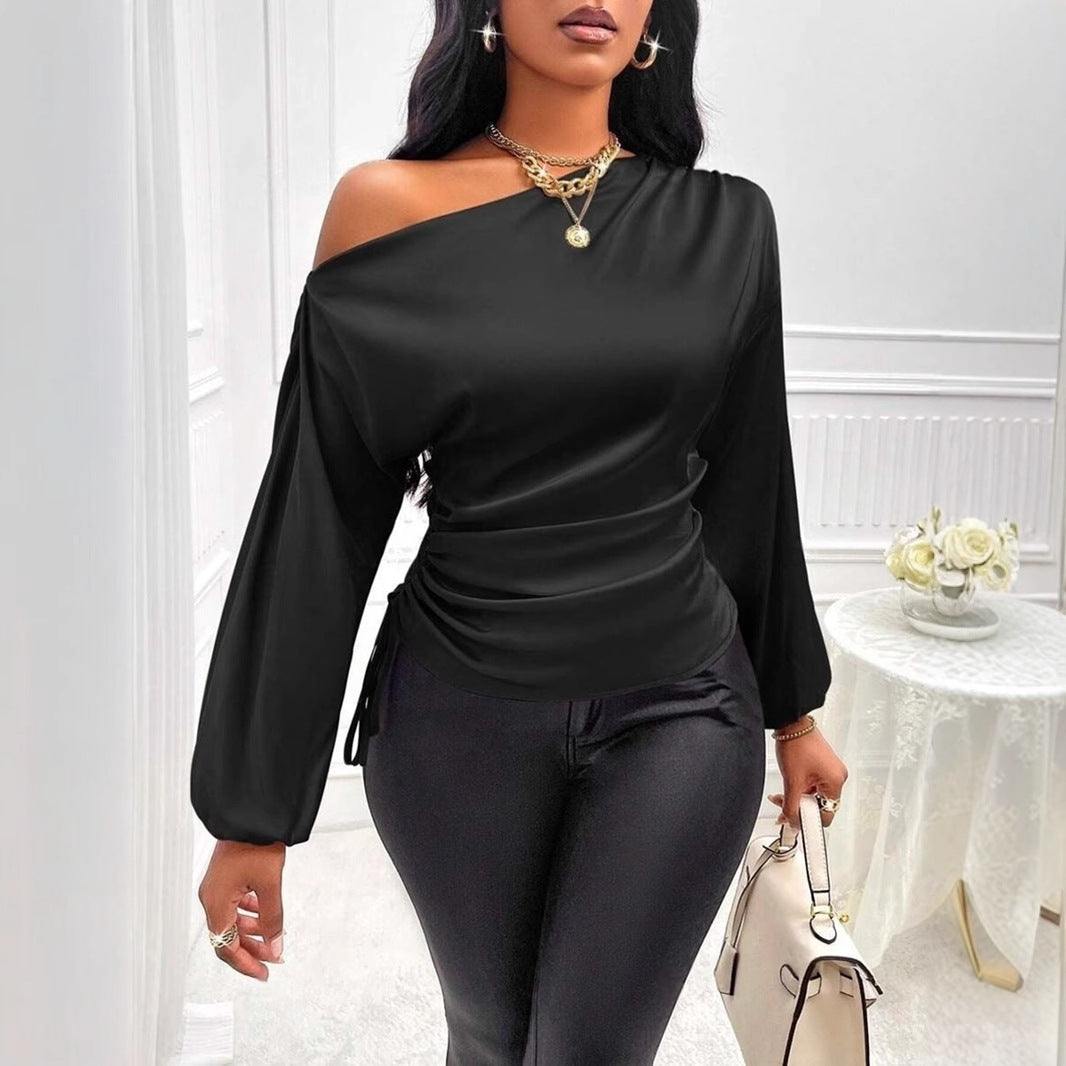 Women Satin Asymmetric Long Sleeve Diagonal Collar Autumn Winter Shirt Top