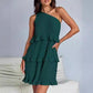 Spring Summer Women Clothing Oblique Shoulder Layered Stitching Hem Solid Color Dress Women