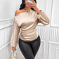 Women Satin Asymmetric Long Sleeve Diagonal Collar Autumn Winter Shirt Top