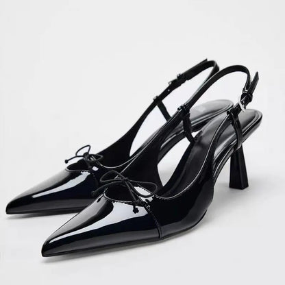 Women Black Patent Leather Bow Pointed Toe Thin Heel Sandals Elegant