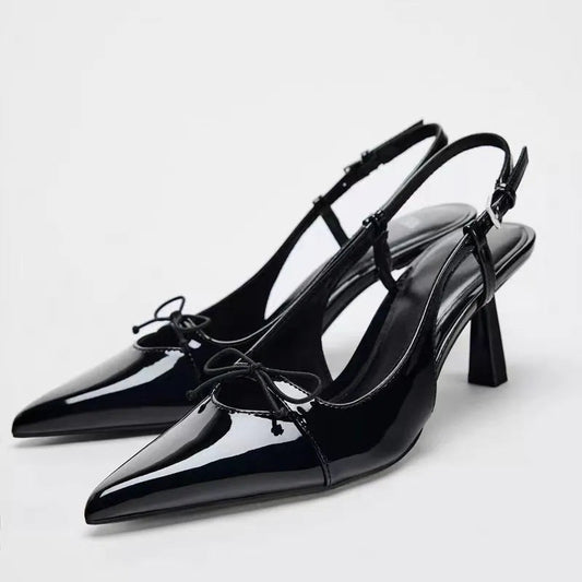 Women Black Patent Leather Bow Pointed Toe Thin Heel Sandals Elegant