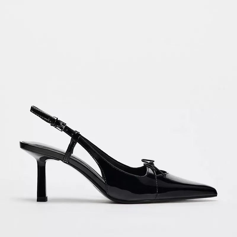 Women Black Patent Leather Bow Pointed Toe Thin Heel Sandals Elegant