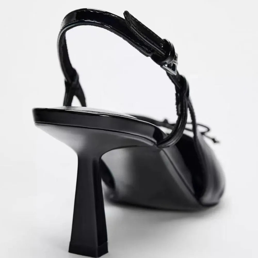 Women Black Patent Leather Bow Pointed Toe Thin Heel Sandals Elegant