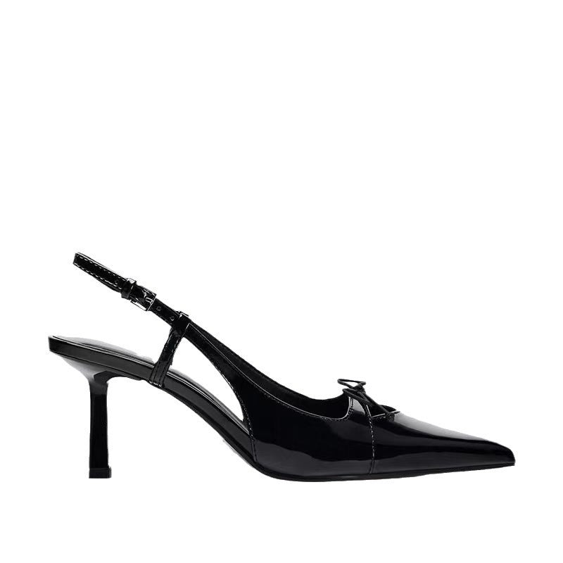 Women Black Patent Leather Bow Pointed Toe Thin Heel Sandals Elegant