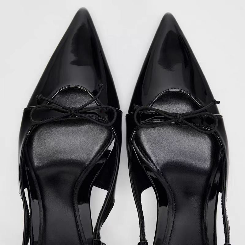 Women Black Patent Leather Bow Pointed Toe Thin Heel Sandals Elegant