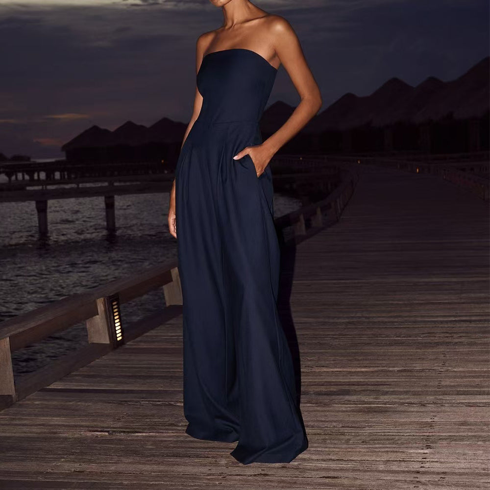 Women Backless Tube Top Wide Leg Jumpsuit Loose Fashion Overalls