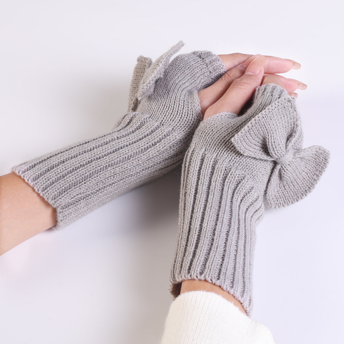 Bow Knitted Wool Keep Warm Half Finger Fingerless Gloves